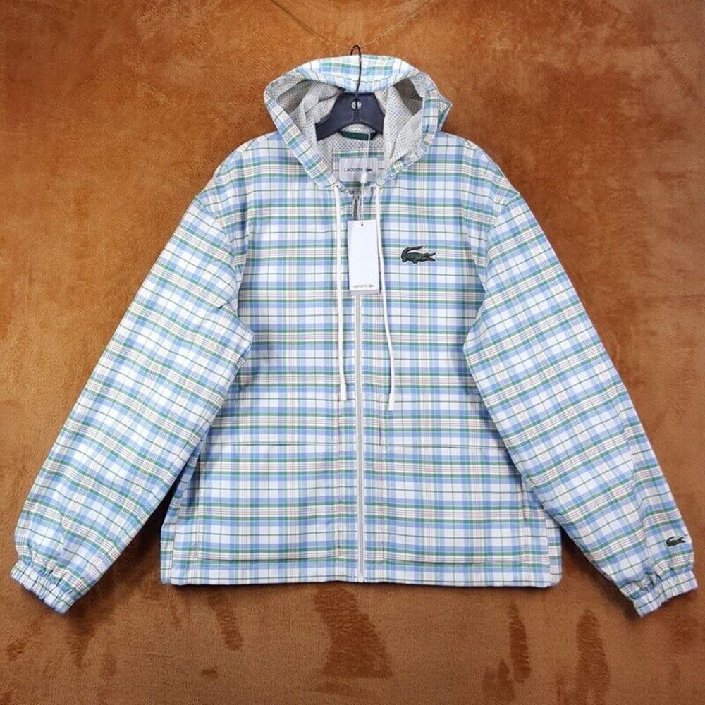 LACOSTE Mens Rain Jacket Small Blue Green Plaid Zip Up Hooded Checkered KARIERTE - Picture 4 of 16